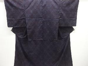 アンティーク　斜め格子に抽象模様織り出し手織り紬着物